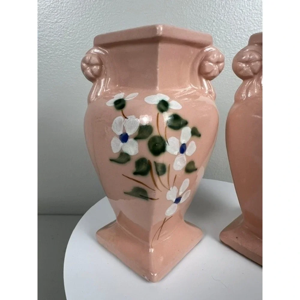 Vintage RRP Co Roseville Ohio Pink Dogwood Floral Miniature Urn Vases Set of 2